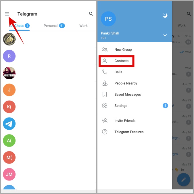 Android 版 Telegram 上的联系人